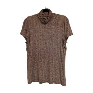 Lauren Ralph Lauren Herringbone Short Sleeve Mock Neck Top Brown Cream Large
